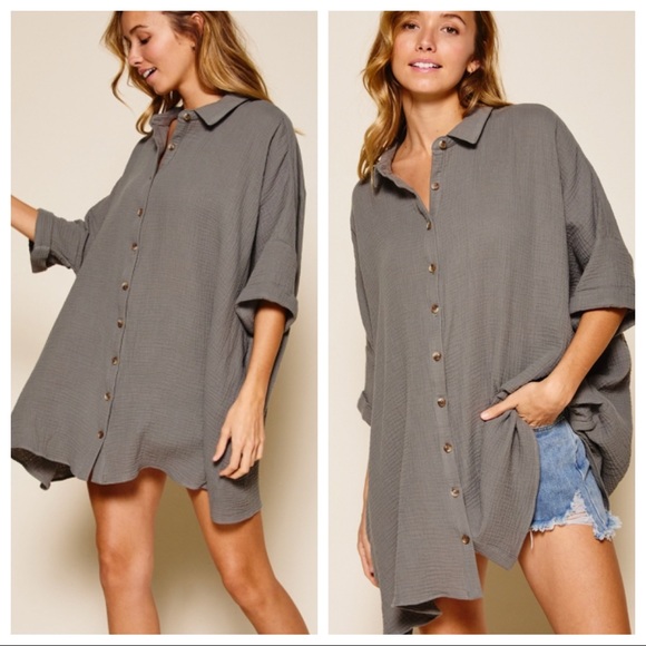 Valerie Fabulous Oversized 3/4 Sleeves Boyfriend Shirt - Picture 2 of 5